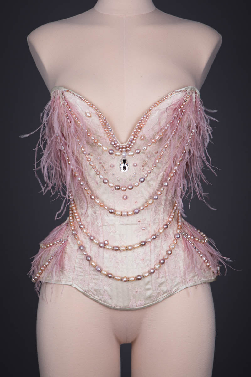 Rosa' Silk & Lace Corset With Freshwater Pearls & Ostrich Feathers