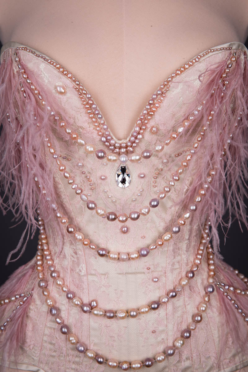 'Rosa' Silk & Lace Corset With Freshwater Pearls & Ostrich Feathers