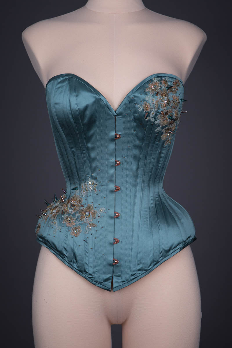 Black and Blue Lace Satin Underbust Corset With Fabric Roses, Beads, Lace  Appliques, Chains and Feathers 