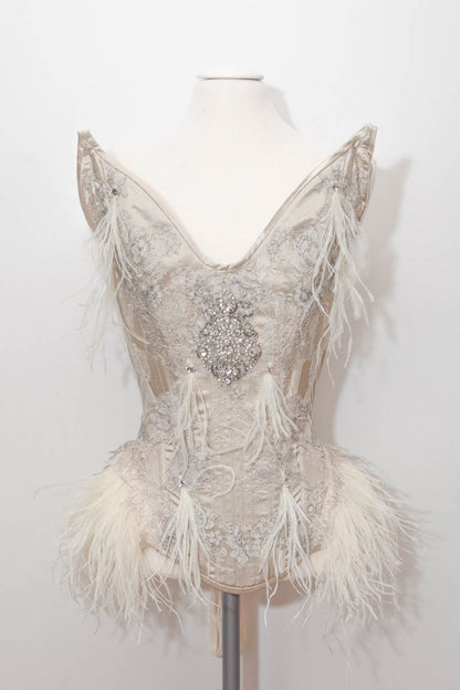'Odette' Satin Overbust Corset With Ostrich Feather Hips & Lace Appliqué