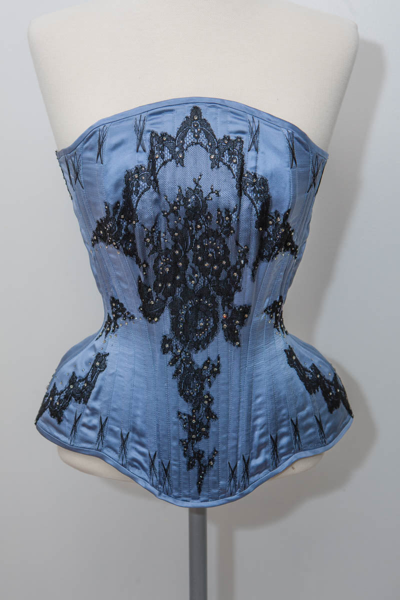 Historically Inspired Blue Longline Corset with Lace Trim