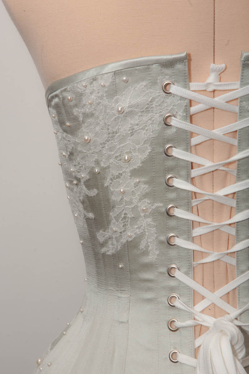 'Nacre' Satin & Lace Appliqué Corset Dress