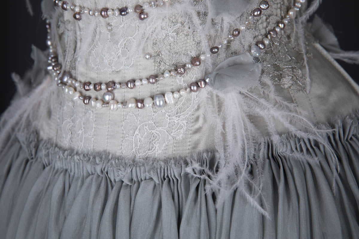 Corsetted Wedding Gown With Draped Freshwater Jewellery, Lace Appliqué & Ostrich Feathers
