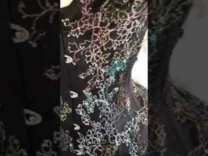 'Un|Seelie' Black Duchesse Satin Plunge Corset With Hand Painted Lace Appliqué