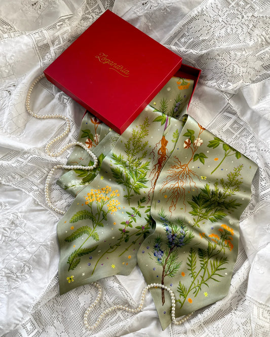 'Abortifacients Cravat VII' - Silver Sage - Silk Scarf By Logandria