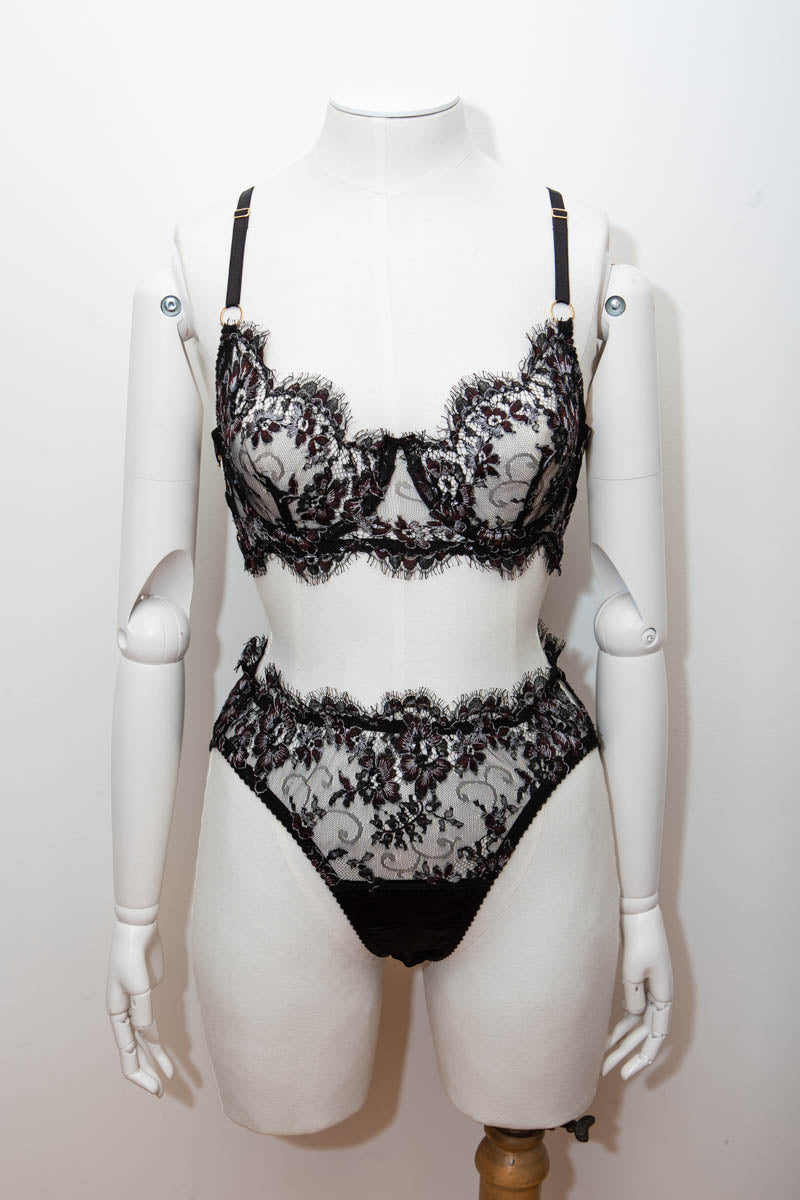 SAMPLE 'Eos' Black/Burgundy Rebrodée Lace Bra & High Leg Brief Set - Size KL8/UK 10 Only