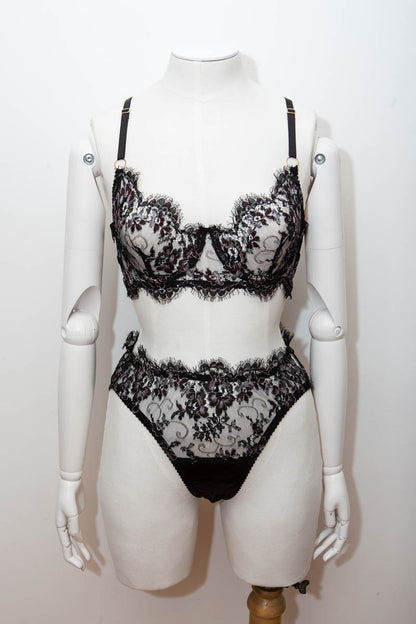 SAMPLE 'Eos' Black/Burgundy Rebrodée Lace Bra & High Leg Brief Set - Size KL8/UK 10 Only