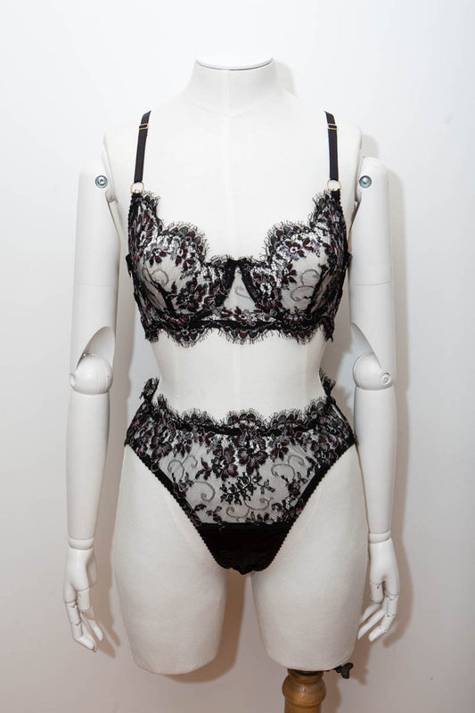 SAMPLE 'Eos' Black/Burgundy Rebrodée Lace Bra & High Leg Brief Set - Size KL8/UK 10 Only