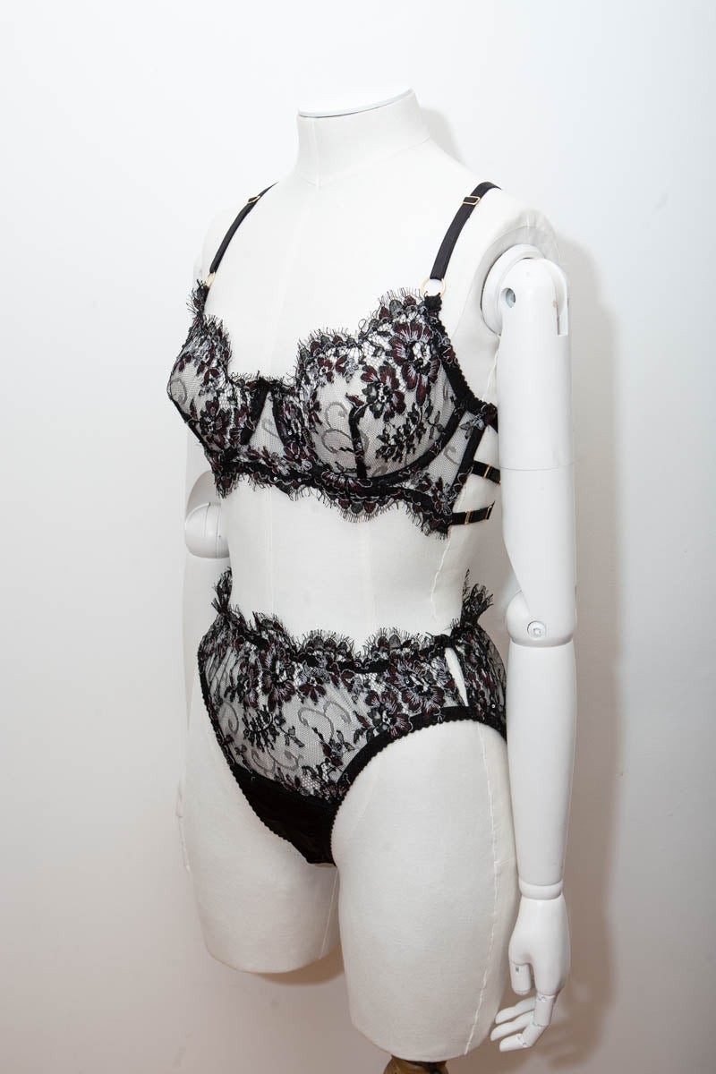 SAMPLE 'Eos' Black/Burgundy Rebrodée Lace Bra & High Leg Brief Set - Size KL8/UK 10 Only