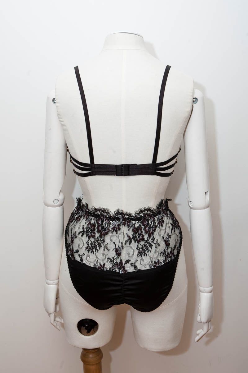 SAMPLE 'Eos' Black/Burgundy Rebrodée Lace Bra & High Leg Brief Set - Size KL8/UK 10 Only