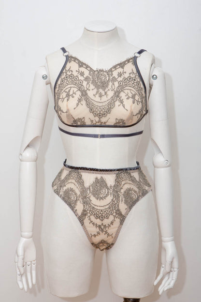 SAMPLE Grey Chantilly Lace Bralet, Waspie & High Leg Briefs - Size UK 8/UK10 ONLY