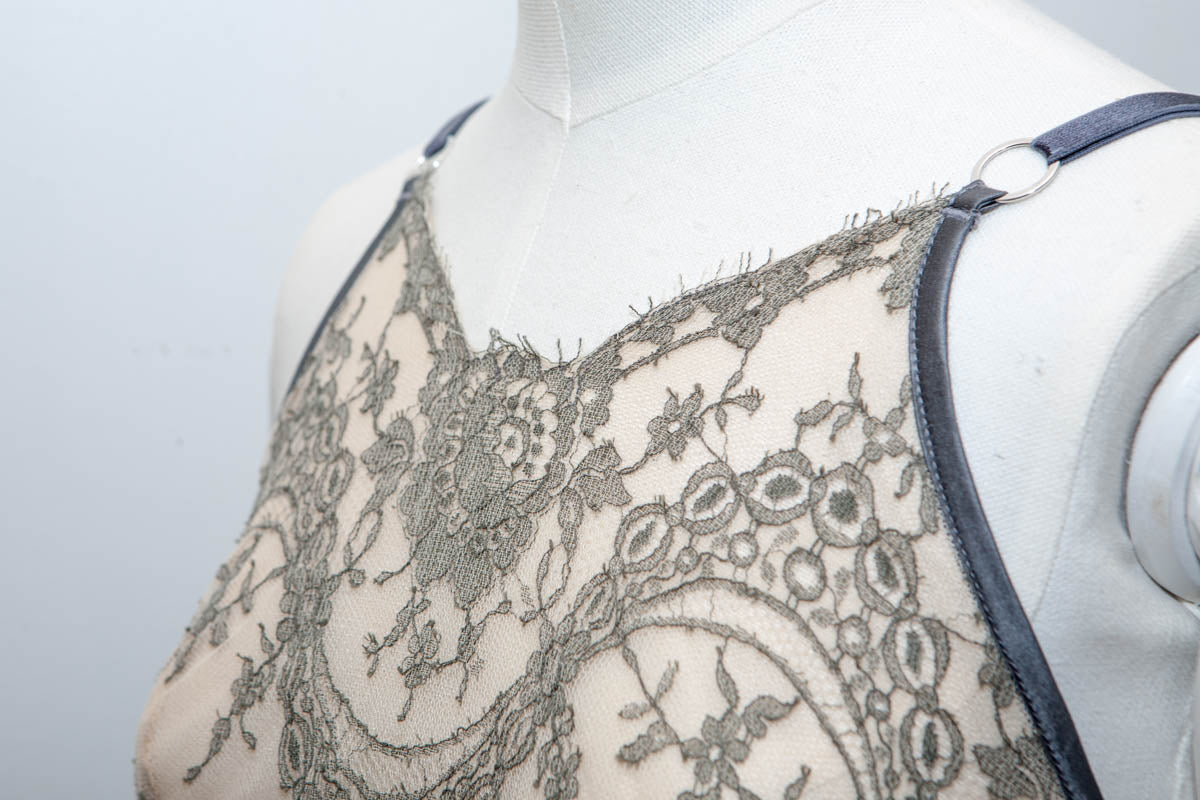 SAMPLE Grey Chantilly Lace Bralet, Waspie & High Leg Briefs - Size UK 8/UK10 ONLY
