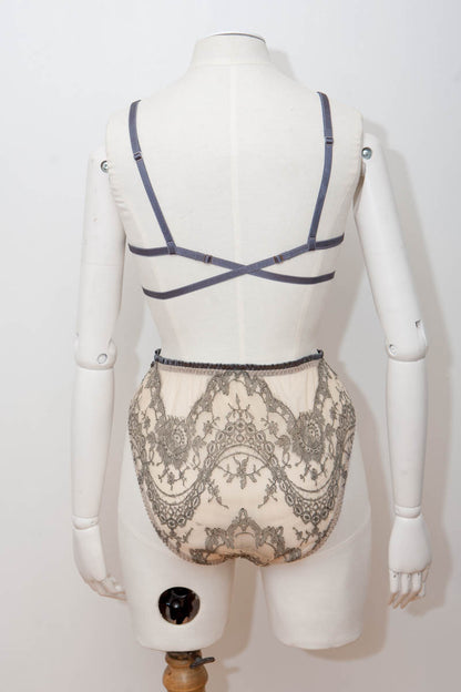 SAMPLE Grey Chantilly Lace Bralet, Waspie & High Leg Briefs - Size UK 8/UK10 ONLY