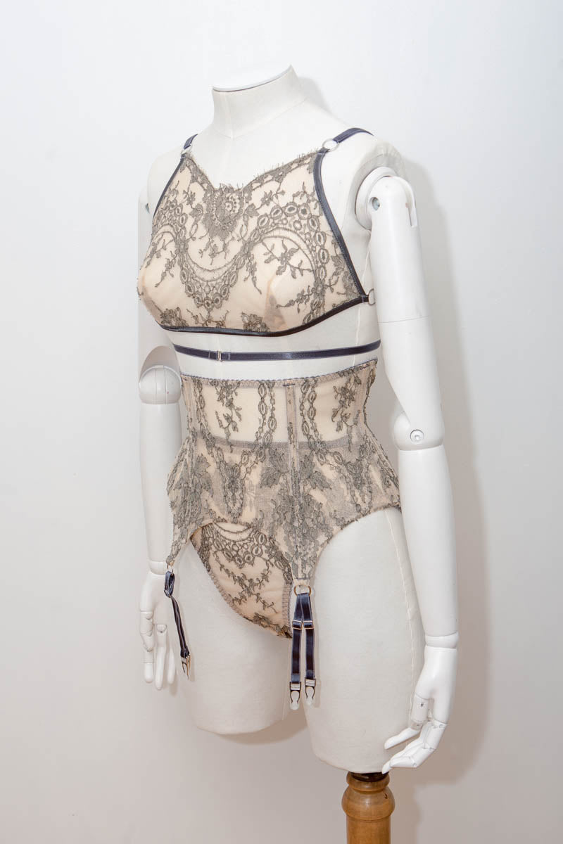 SAMPLE Grey Chantilly Lace Bralet, Waspie & High Leg Briefs - Size UK 8/UK10 ONLY
