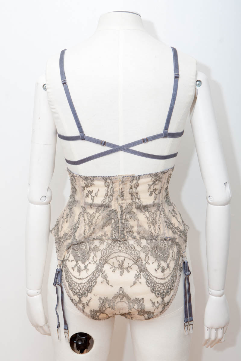 SAMPLE Grey Chantilly Lace Bralet, Waspie & High Leg Briefs - Size UK 8/UK10 ONLY