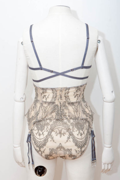 SAMPLE Grey Chantilly Lace Bralet, Waspie & High Leg Briefs - Size UK 8/UK10 ONLY