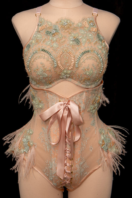 'Antoinette' Beaded French Lace Bra & Panty Girdle