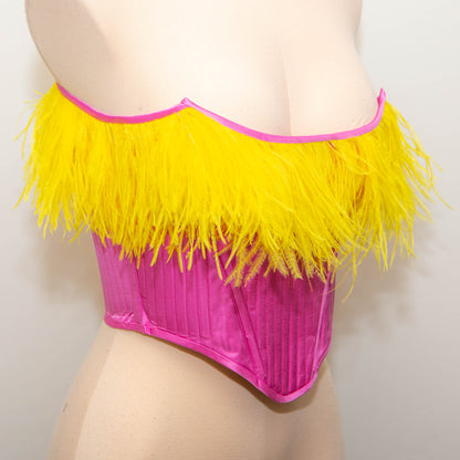 SAMPLE - Pink/Yellow Silk Short Stays With Feather Trim - UK 8-10