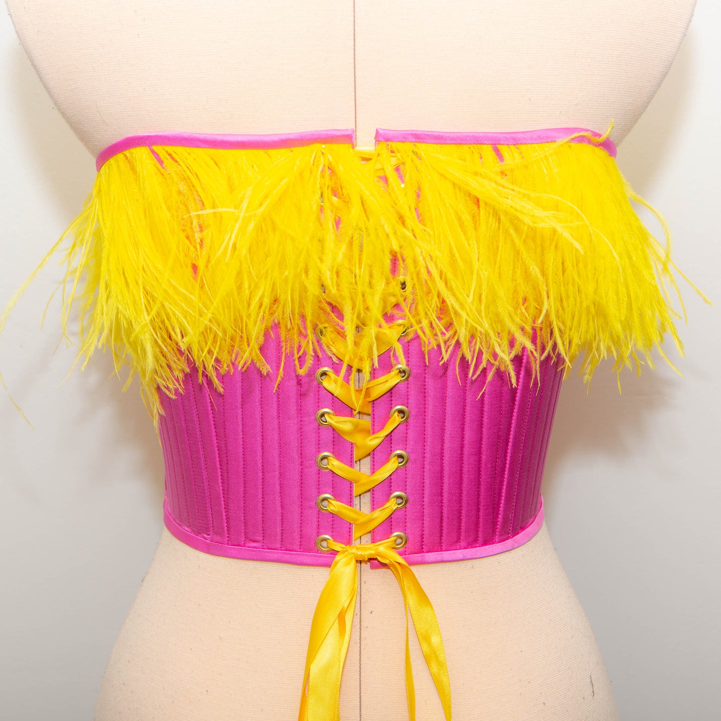 SAMPLE - Pink/Yellow Silk Short Stays With Feather Trim - UK 8-10