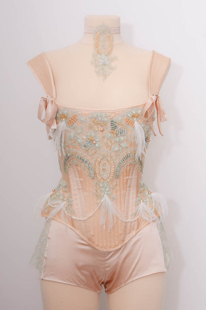 'Frivolité' Silk & Beaded Lace Appliqué Overbust Corset