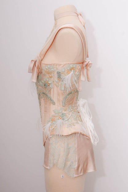 'Frivolité' Silk & Beaded Lace Appliqué Overbust Corset