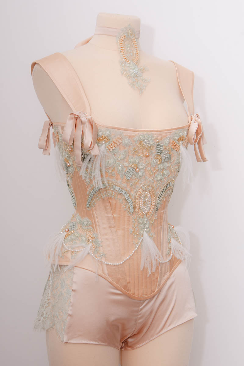 'Frivolité' Silk & Beaded Lace Appliqué Overbust Corset