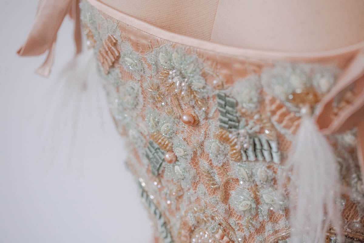 'Frivolité' Silk & Beaded Lace Appliqué Overbust Corset