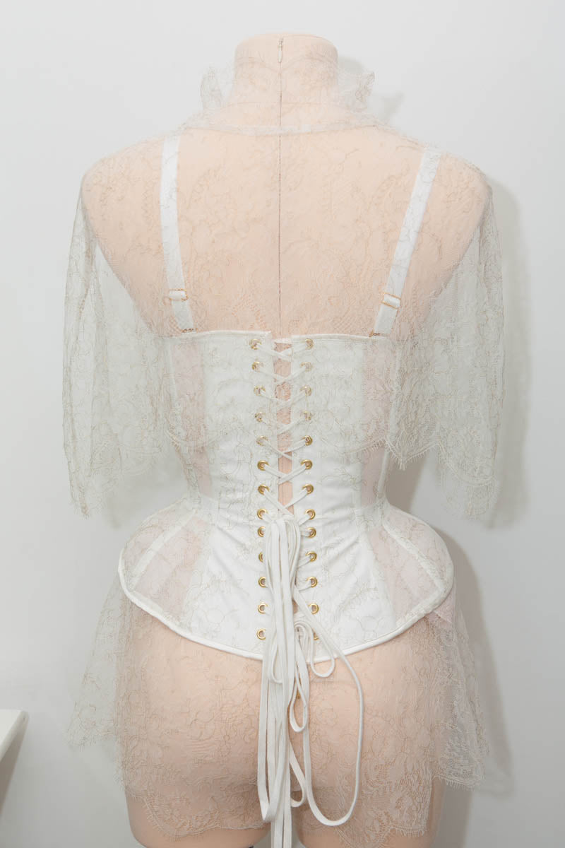 SAMPLE: Bridal ensemble: cupped corset, capelet & tap pants in ivory/gold lace: KL 8 - 30D/32C/34B bust, 21" waist, UK 10