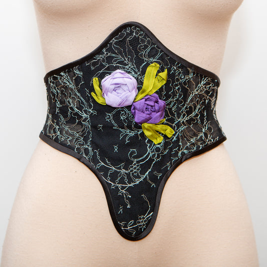 SAMPLE Patreon 2025 Black/Silver Ribbon Embroidered Swiss Waist Style Corset Cincher - 25" Waist ONLY