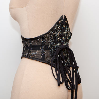 SAMPLE Patreon 2025 Black/Silver Ribbon Embroidered Swiss Waist Style Corset Cincher - 25" Waist ONLY