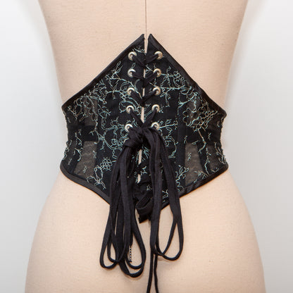 SAMPLE Patreon 2025 Black/Silver Ribbon Embroidered Swiss Waist Style Corset Cincher - 25" Waist ONLY