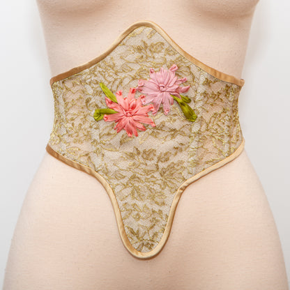 SAMPLE Patreon 2025 Gold Lace Ribbon Embroidered Swiss Waist Style Corset Cincher - 25" Waist ONLY