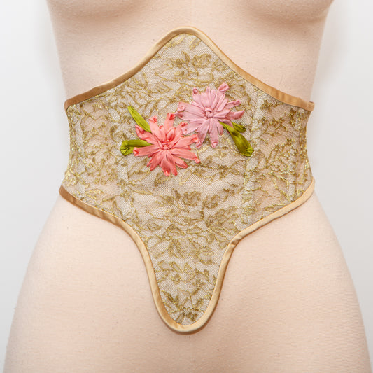 SAMPLE Patreon 2025 Gold Lace Ribbon Embroidered Swiss Waist Style Corset Cincher - 25" Waist ONLY