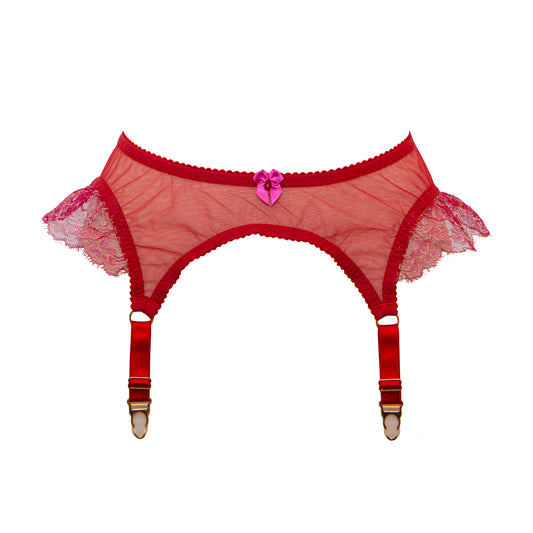 Hecate Rouge Sheer Tulle & French Lace Suspender Belt - Made To Order
