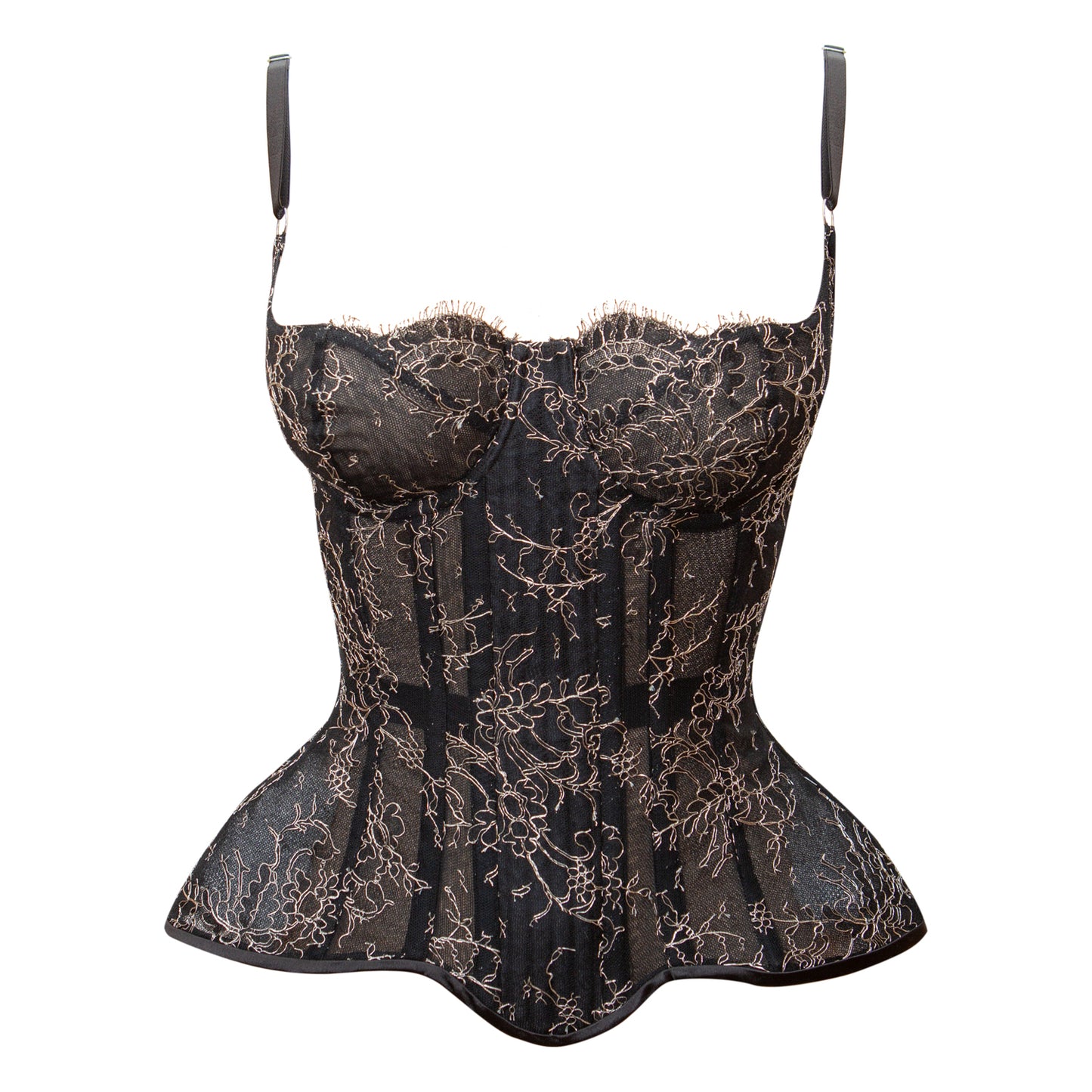 Nelisa Black & Silver French Chantilly Lace & Bobbinet Cupped Corset - Made To Order
