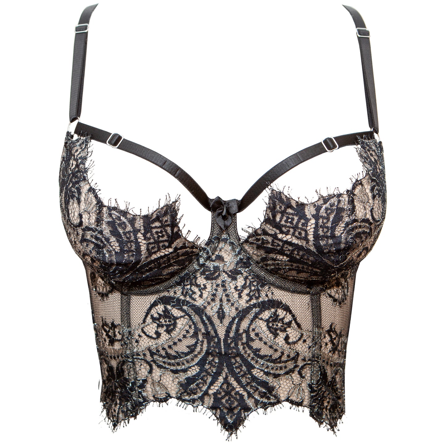 Cassiopeia French Lace Longline Bra - Black/Silver