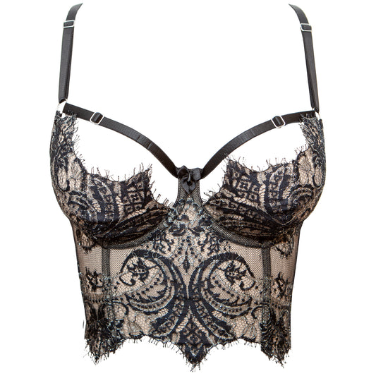 Cassiopeia French Lace Longline Bra - Black/Silver