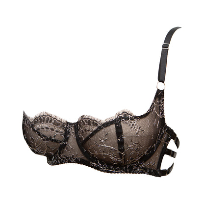 Nelisa Black & Silver French Chantilly Lace Balconette Bra - Made To Order