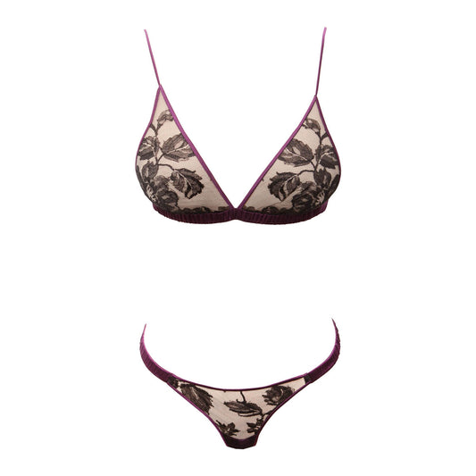 SAMPLE Nocturne Silk & Lace Triangle Bralet & Thong - Size UK 6