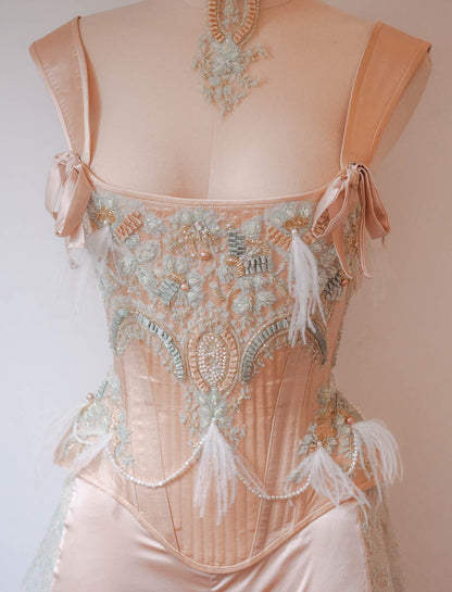 'Frivolité' Silk & Beaded Lace Appliqué Overbust Corset