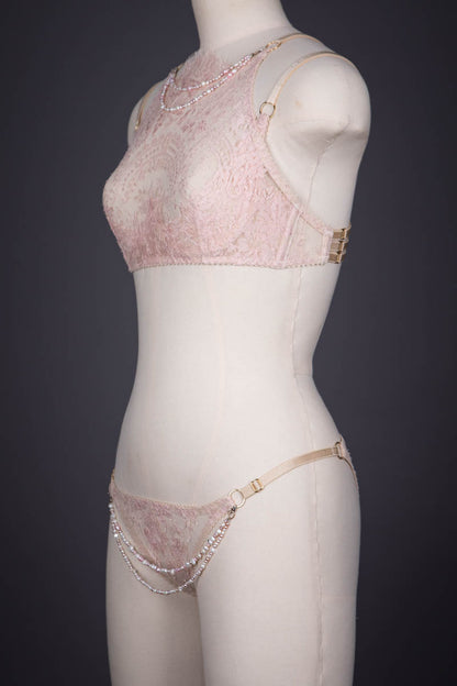 Pink Peach Lace Swarovski Crystal Pearl Bra and Panties Set 38C -  New  Zealand