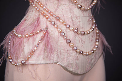 'Rosa' Silk & Lace Corset With Freshwater Pearls & Ostrich Feathers