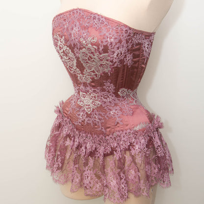 SAMPLE Foxglove Satin Overbust Corset With French Lace Appliqué & Lace Skirt - 20" Waist