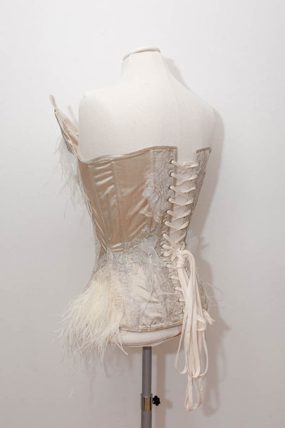 'Odette' Satin Overbust Corset With Ostrich Feather Hips & Lace Appliqué