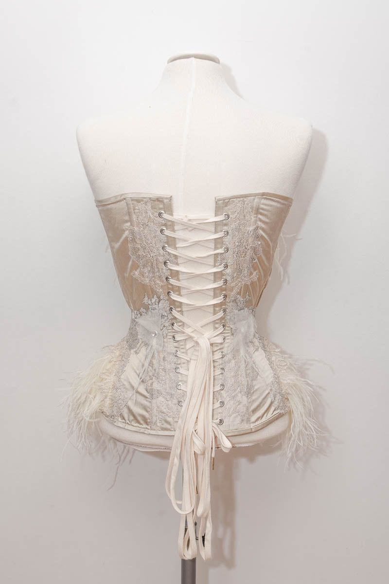 'Odette' Satin Overbust Corset With Ostrich Feather Hips & Lace Appliq ...