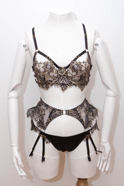 'Cassiopeia Redux' Lingerie Set In Metallic French Leavers Lace & Silk
