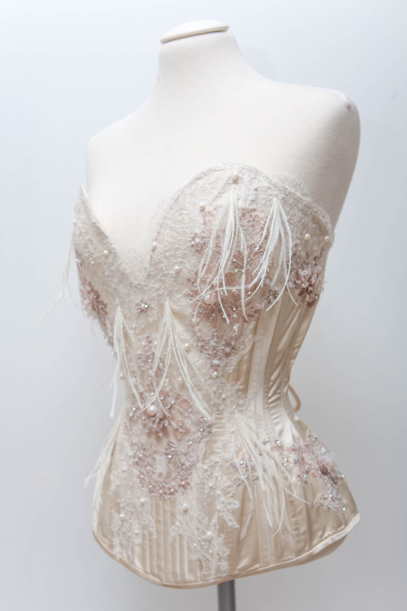 'Biscotti' Plunge Corset With Lace Appliqué, Ostrich Feathers & Pearls
