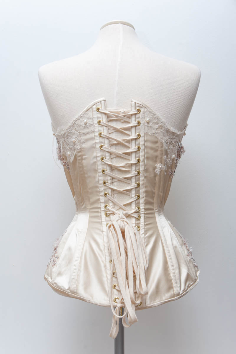 'Biscotti' Plunge Corset With Lace Appliqué, Ostrich Feathers & Pearls