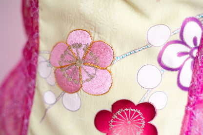 'Sakura' Vintage Kimono Silk & French Chantilly Lace Basque & Knicker Set