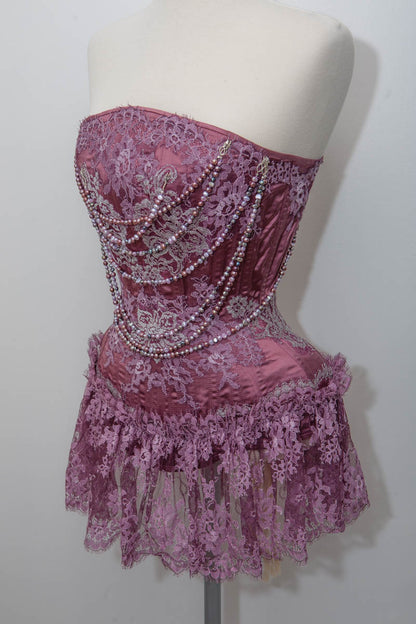 'Foxglove' Overbust Satin Corset With Lace Appliqué & Freshwater Pearl Jewellery